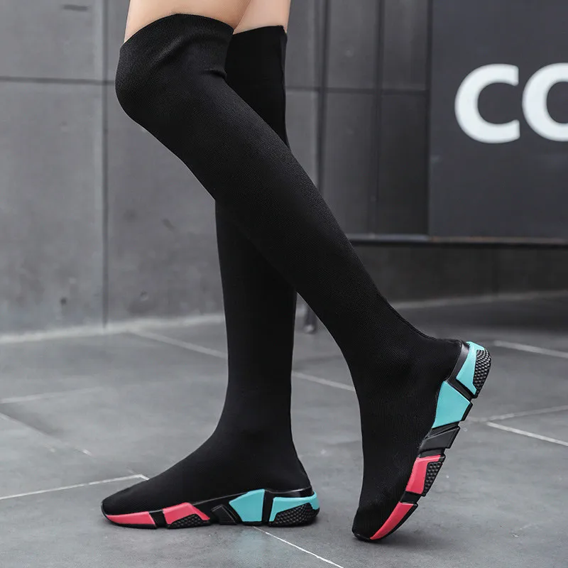 Эластичные сапоги выше колена; женские носки; черные сапоги; облегающие высокие сапоги до бедра; вязаные сапоги; кроссовки на платформе; Дизайнерская обувь - Цвет: Красный
