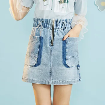 

IEF Spring Summer Splice Denim Skirt Fashion Women High Waist Zipper Pockets Slim Fit Female A-line Skirt 0D06A-D0036-