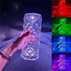 Projecteur de roses en cristal, 3/16 couleurs, lumière d'ambiance en diamant romantique réglable, USB, lampe de Table pour chambre à coucher 