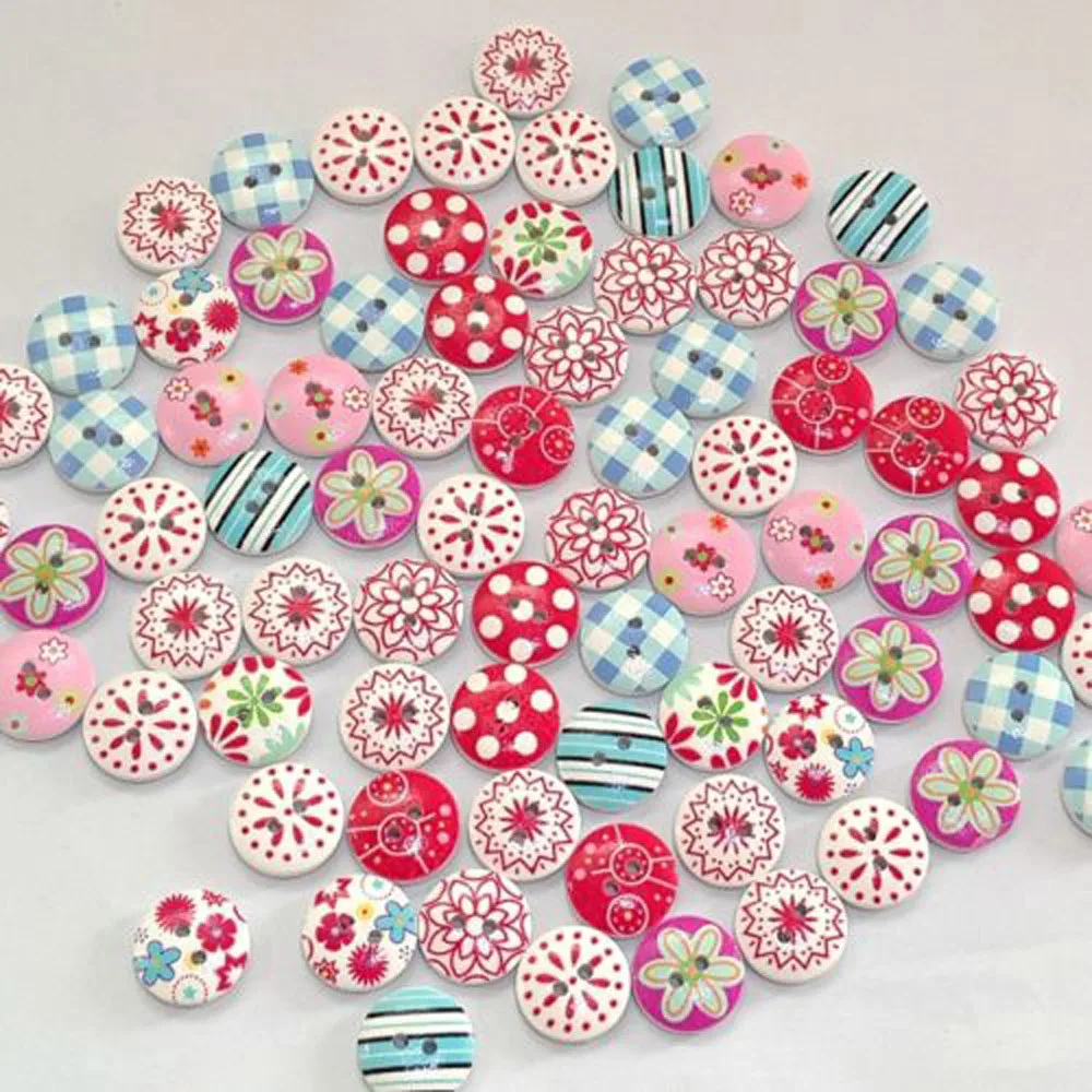 Best Selling Newest 100Pcs 2 Holes Mixed Printing Round Pattern Wood Buttons Scrapbooking 15mm Cute Beautiful | Дом и сад