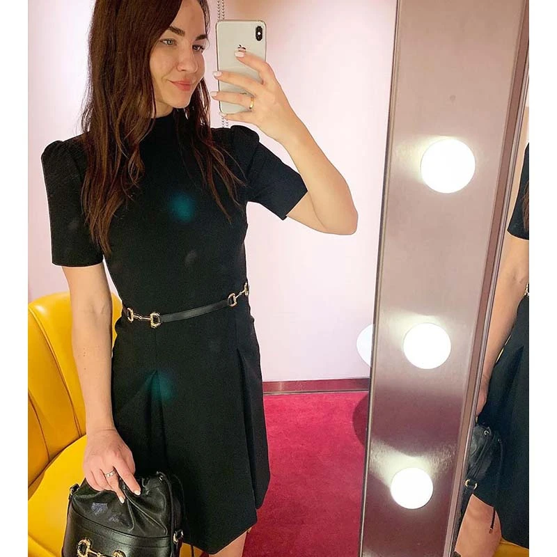 

Cosmicchic Short Sleeve Office Dress Elegant Work A Line Black Party Dresses Stand Collar Slim Retro Basic Shirt Belt Dress
