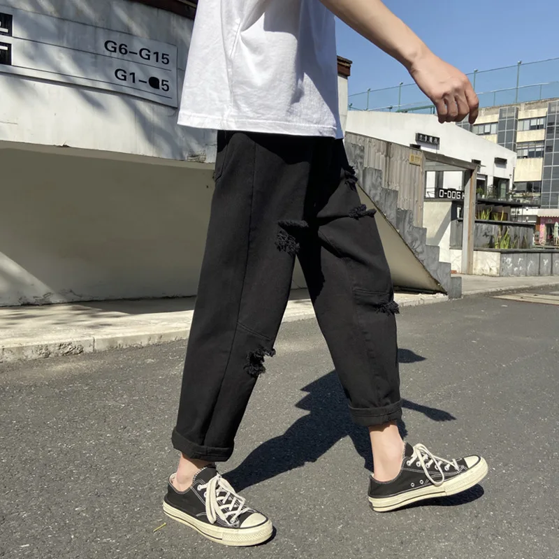 ICCLEK Black Ripped Jeans Men's Loose Hip-hop Pants Straight-leg Pants Patchwork Jeans  Baggy Jeans  Black Jeans Men