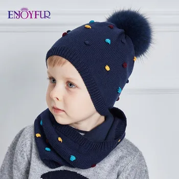 

ENJOYFUR Baby Hat And Scarf Set Cotton Knitted Winter Hats Real Fox Fur Pompom Ears Caps Dot Boy Cap Girl Thick Warm Beanies