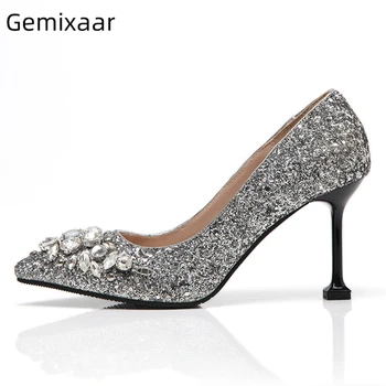 

Bling Sequined Cloth High Heel Pumps Women Individual Goblet Heel Pointed Toe Crystal Rhinestone Slim Party Shoes Woman