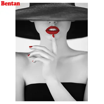 

DIY 5D Diamond Painting Girl Black White Art Red Lips Full square round Rhinestone Pictures Diamond Embroidery Cross Stitch
