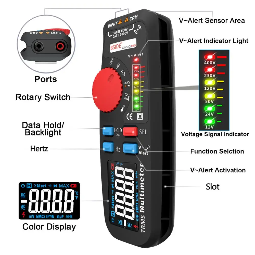 Двойной режим мультиметр Вольтметр BSIDE 92CL-PRO цветной дисплей цифровой Multimetro индикатор напряжения Voltimetro батарея тестер инструмент
