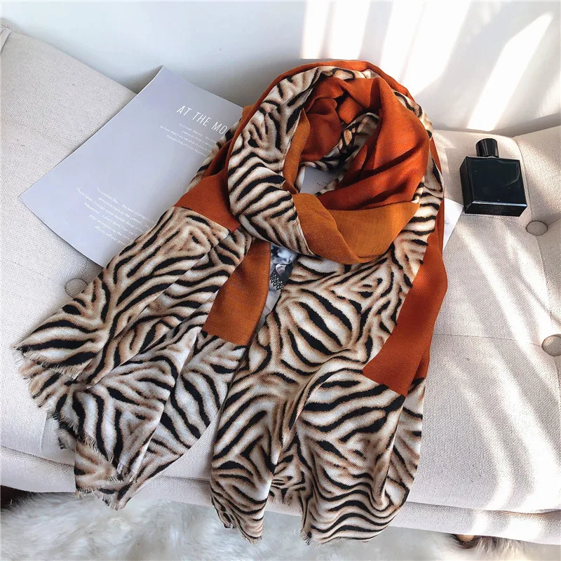 Дизайнерский зимний женский шарф, теплый хлопковый шарф с принтом тигра, шали, Женский шарф хиджаб накидка-шаль