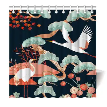 

Crane Shower Curtain Waterproof Cloth Fabric Polyester Easy Care Machine Washable Swamp Plants Red-Crowned Crane Maple Leaf