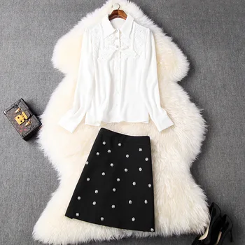 

Women black white shirts lace front elegant tops + beading mini black skirt suit new 2020 spring summer two piece set