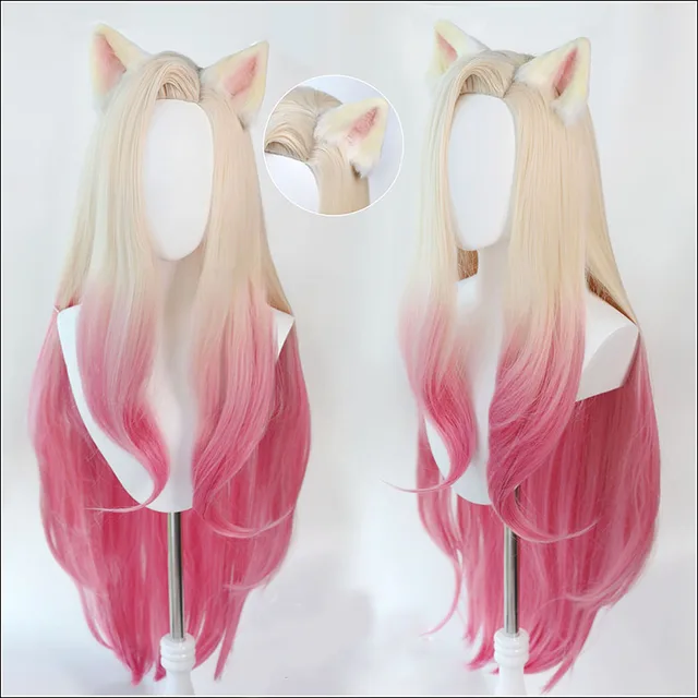 合成コスプレウィッグlolka badest ahri,耐熱性,ピンクと金髪の混合髪 