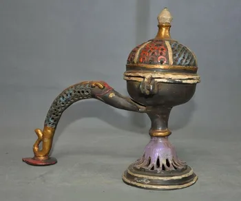 

wedding decoration 10"Old Tibet Temple Bronze Painted Dragon Incensory Incense Burner Censer Statue