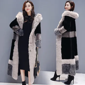 

2019 New Autumn Winter Faux Fur Coat Women Clothes Plus Size fur collar Hooded Fashion Elegant Thick Warm Long Parkas Coat X944