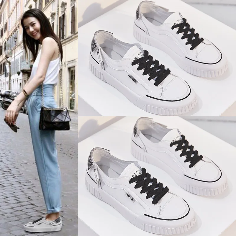 

2019 Autumn White Shoes Women's Online Celebrity Versitile Fashion College Style Low-cut Shoes Genuine Leather Rubber Sole