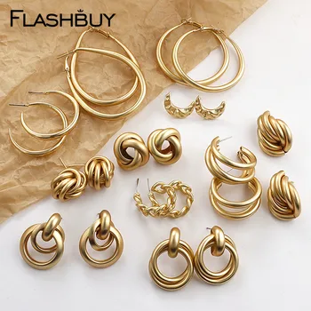 

Flashbuy Trendy Gold Metal Drop Earrings For Women Vintage Twist Geometric Statement Earrings Pendientes Jewelry wholesale