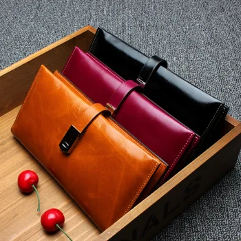 

Rfid Blocking Retro Women Long Wallet Genuine Leather Clutch Money Bag 100% Oil Wax Leather Credit Card Card Purse