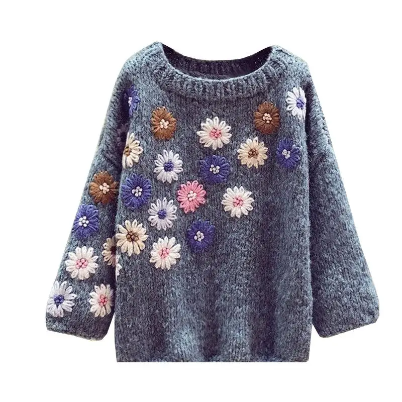 Sweater Women's 2020 Spring Winter Retro Handmade Three-dimensional Flower Lazy Wind Sweater Loose-Fit Sweaters Ladies Jumper