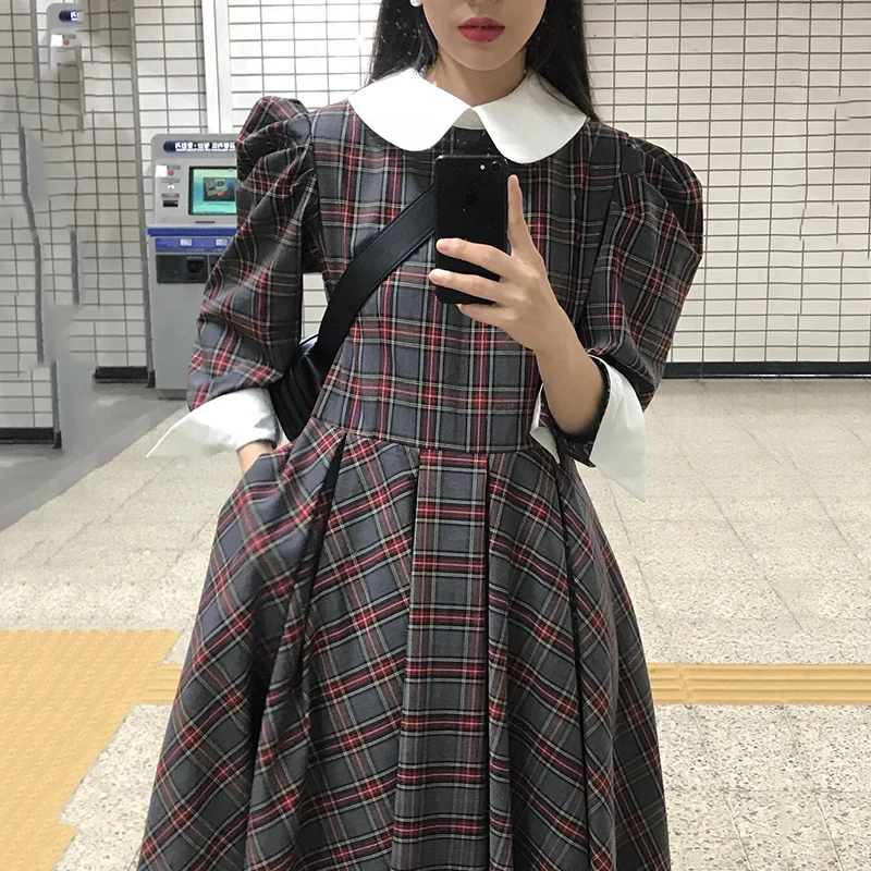 

Amazing! Baby Doll Look Plaid Dress Classy Autumn Kawaii High Waist Dress Midi Vintage Robe Femme Vestido Mujer Vestiti Donna