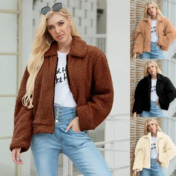 

F0227 New Fashion Autumn and Winter Women's Zipper Overcoat Short Warm Plush Lapel Artificial Wool Faux Fur Coat