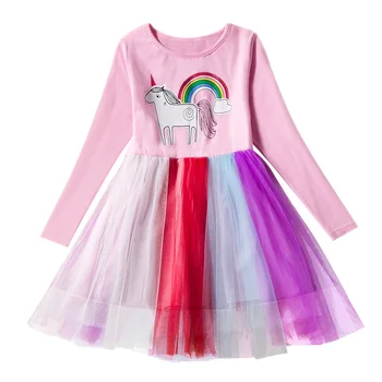 

2020 Spring New Costume Children Gift School Wear Cotton Cartoon Print Unicorn Dresses for Girls Kid Long Sleeve Mess Dress Pink