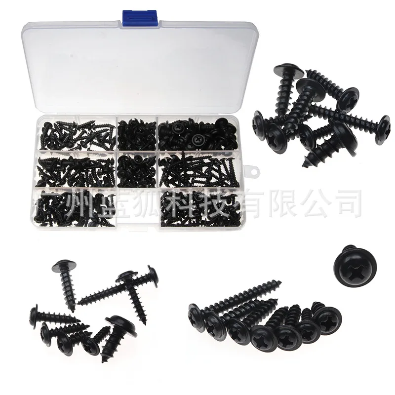 

Metal Screws 340 PCs Black Self-Tapping Combination Black Zinc Plated Cross with Pad Self-Tapping Bolt Boxed