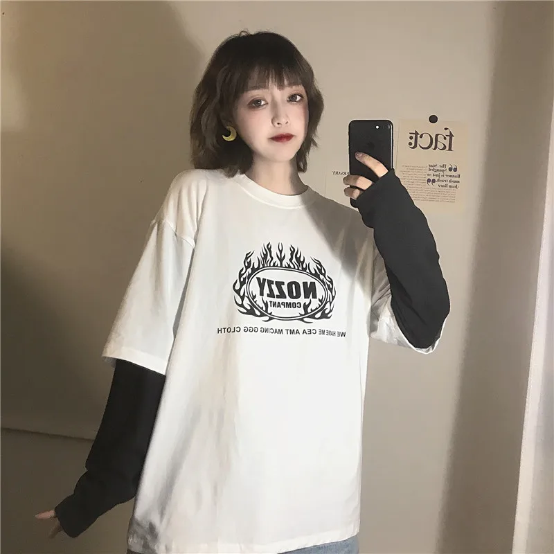 Harajuku Женская Базовая футболка осень длинный рукав o-образным вырезом Мода Письмо Свободные повседневные топы Длинная Футболка женская