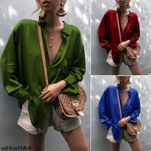 Women Sexy Deep V-neck Satin Blouse Tops Loose Long Sleeve Office Ladies Shirt Casual Solid Silk Female Spring Shirt