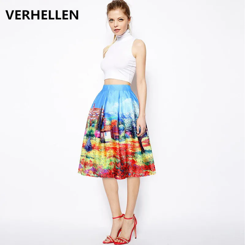 VERHELLEN винтажная юбка с пейзажным принтом женская Осенняя стрейч империя вечернее платье в складку миди юбки женские s