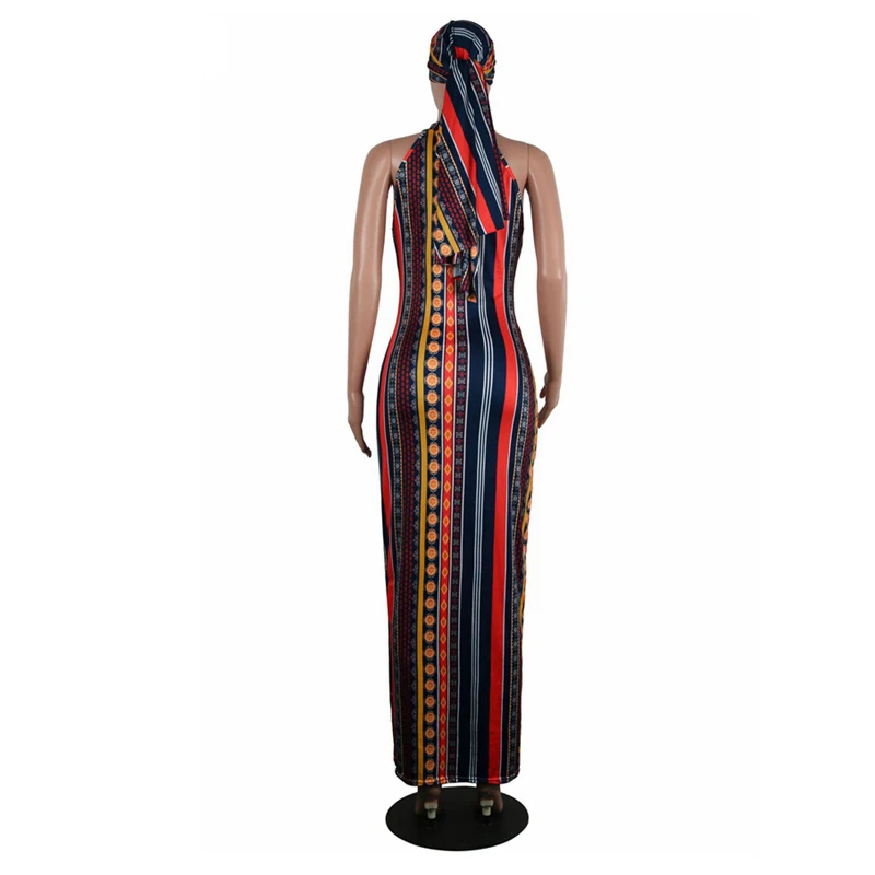 Полосатое винтажное богемное платье с круглым вырезом без рукавов плюс размер платье повседневное платье макси с головным шарфом