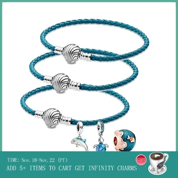 

2020 New Summer 925 Sterling Silver Seashell Clasp Turquoise Braided Leather Bracelet For Women Birthday Fashion Jewelry Gift