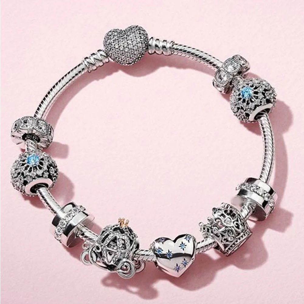 

2019 NEW 100% 925 Sterling Silver 1:1 Classic Fairy Tale Snowflake Dream Pompoen Koet Charm Crown Bead Bracelet Set Jewelry Gift