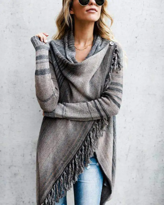 

2019 European and American Women's Autumn and Winter Explosion Style Mid-length Slim Fringe Striped Sweater