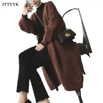 

Autumn Long Sweater Coats Women's Lantern Sleeves Loose Large Size Cardigan Coat Female Solid Color V-neck Casual Knitted Jacket