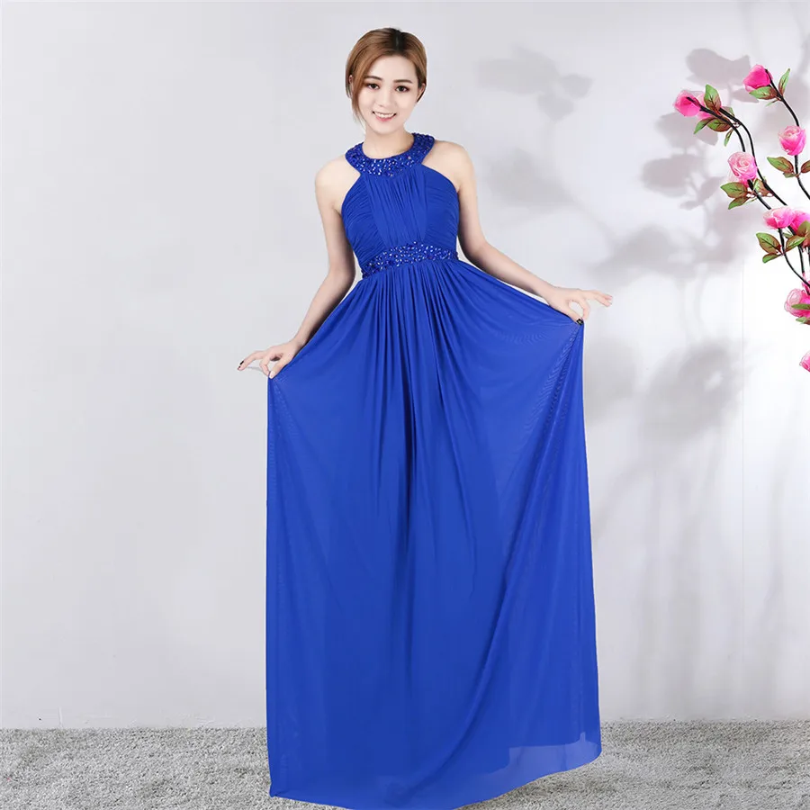 royal blue Официальное Платье с лямкой на шее, без рукавов, плиссированное прямое вечернее платье DX358 размера плюс с кристаллами для платья для выпускного, розовые элегантные длинные вечерние платья - Цвет: royal blue