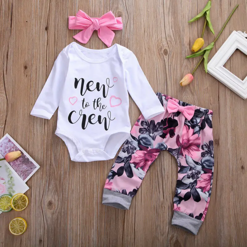 Комплекты одежды из 3 предметов для маленьких девочек, состоит из кофты с надписью и боди с цветочным принтом Леггинсы с цветочным принтом брюки повязки; одежда с длинными рукавами осенние комплекты из 3 предметов