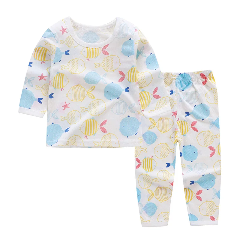 Осенние пижамы из 2 предметов для девочек, весенние хлопковые новые комплекты одежды для малышей Детская одежда для сна с длинными рукавами и рисунком детские пижамы для мальчиков и девочек