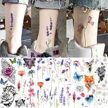 YURAN Ankle Flora Cherry Lavender Flash Fake Waterproof Tattoos Temporary Women Arm Chest Tattoo Stickers Body Art Custom Tatoos