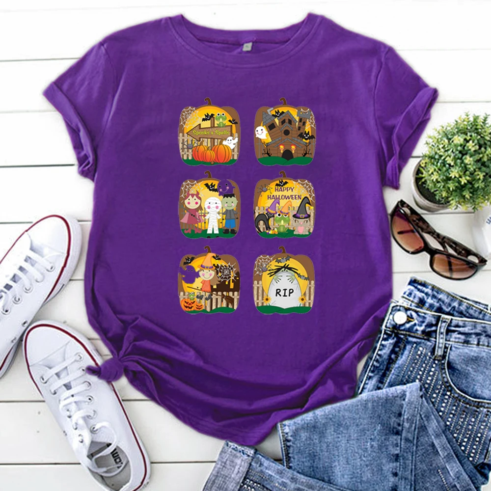 Halloween Tshirt Cartoon Funny Printing Woman T Shirts Solid Color Gothic T-Shirts For Women Cotton Korean Style Womens Clothing