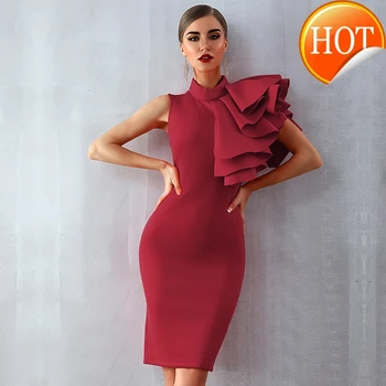 

New Summer 2020 Women Red White Celebrity Runway Party Dress Vestido Sexy Sleeveless Ruffles Bodycon Midi Night Club Dress