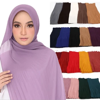 

big size woman popular muslim wrinkle scarfs foulard bubble chiffon pleated plain maxi hijab scarf color