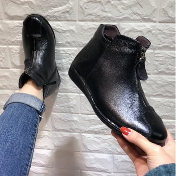 

Cow Leather Winter Fur Plush Warm low heels Ankle boots Women Ladies Female Old Mother Shoes snow Boots Zip Size 31-41