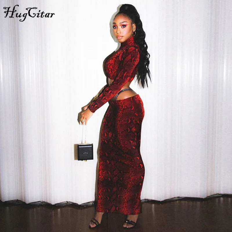 Buy Hugcitar 2019 snake print high neck long sleeve crop tops long skirt 2 pieces set autumn winter women streetwear party outfits