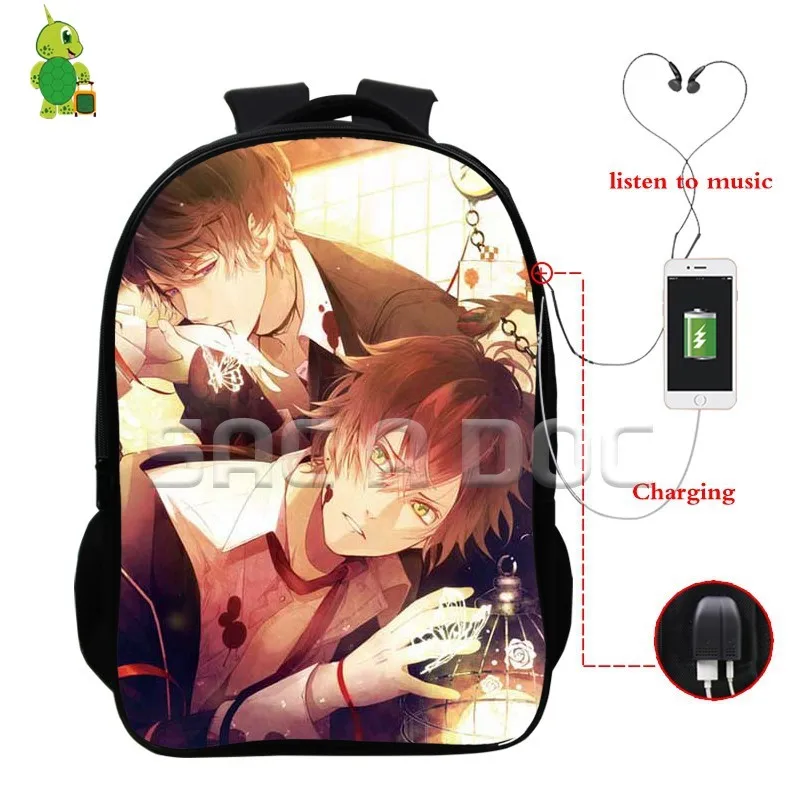 Аниме Diabolik Lovers рюкзаки многофункциональные USB зарядка Разъем для наушников школьный рюкзак для подростков повседневный рюкзак для ноутбука - Цвет: 1