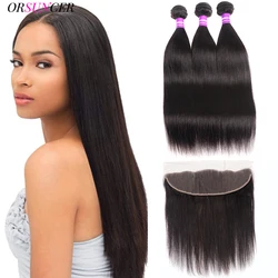 ORSUNCER Straight 3 Bundles With Frontal 28 30 inch Brazilian Human Hair Bundles with 13*4 Frontal Natural Color For Black Women