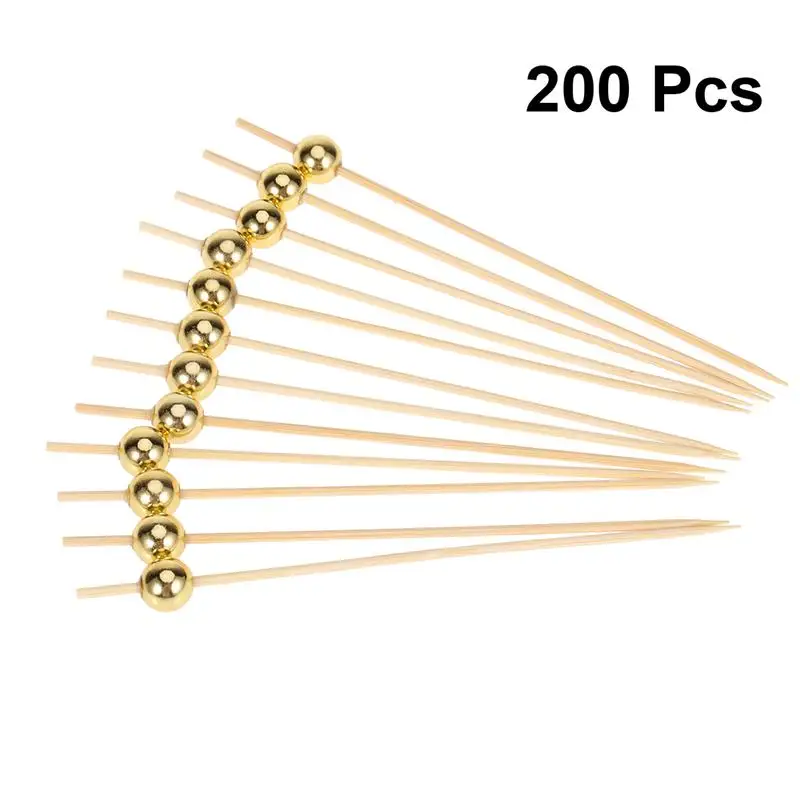 200Pcs 12 cm Cocktail Picks Creative Handmade Round Beads Appetizer Fruit Toothpicks Party Supplies (Golden/Silver) | Дом и сад