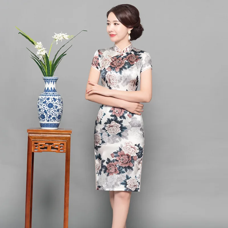 Винтажный женский натуральный шелк Cheongsam сексуальный оверсайз 3XL Qipao с цветочным принтом тонкий китайский Вечерние вечернее платье для выпускного Vestidos