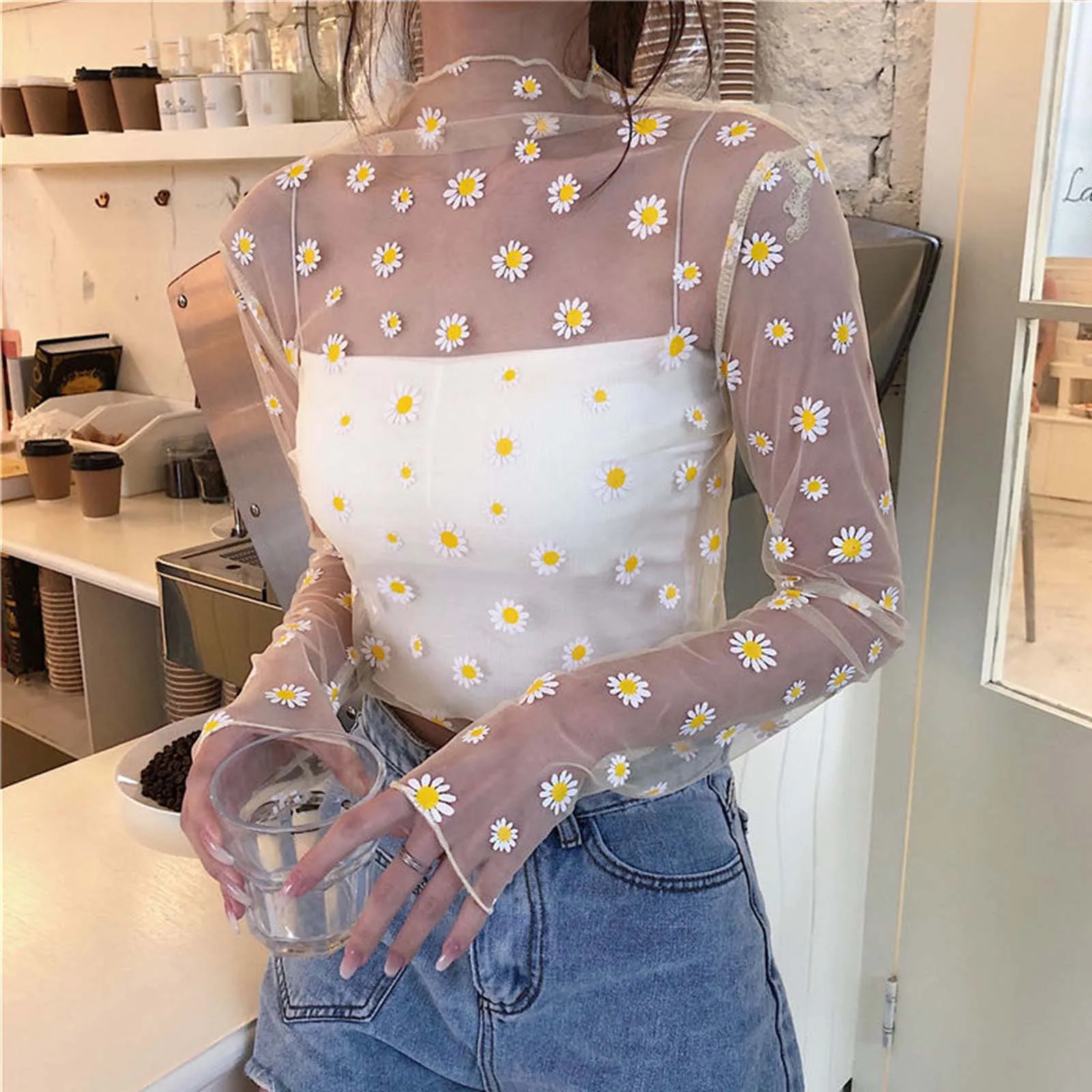 2025 New Daisy Print Mesh Tops Blouse Women Korean Long