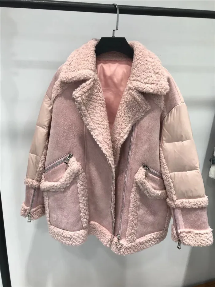 Натуральное шерстяное меховое пальто, зимняя женская куртка-пуховик из 90% утиного пуха, теплая Женская парка средней длины в стиле пэчворк - Цвет: Розовый