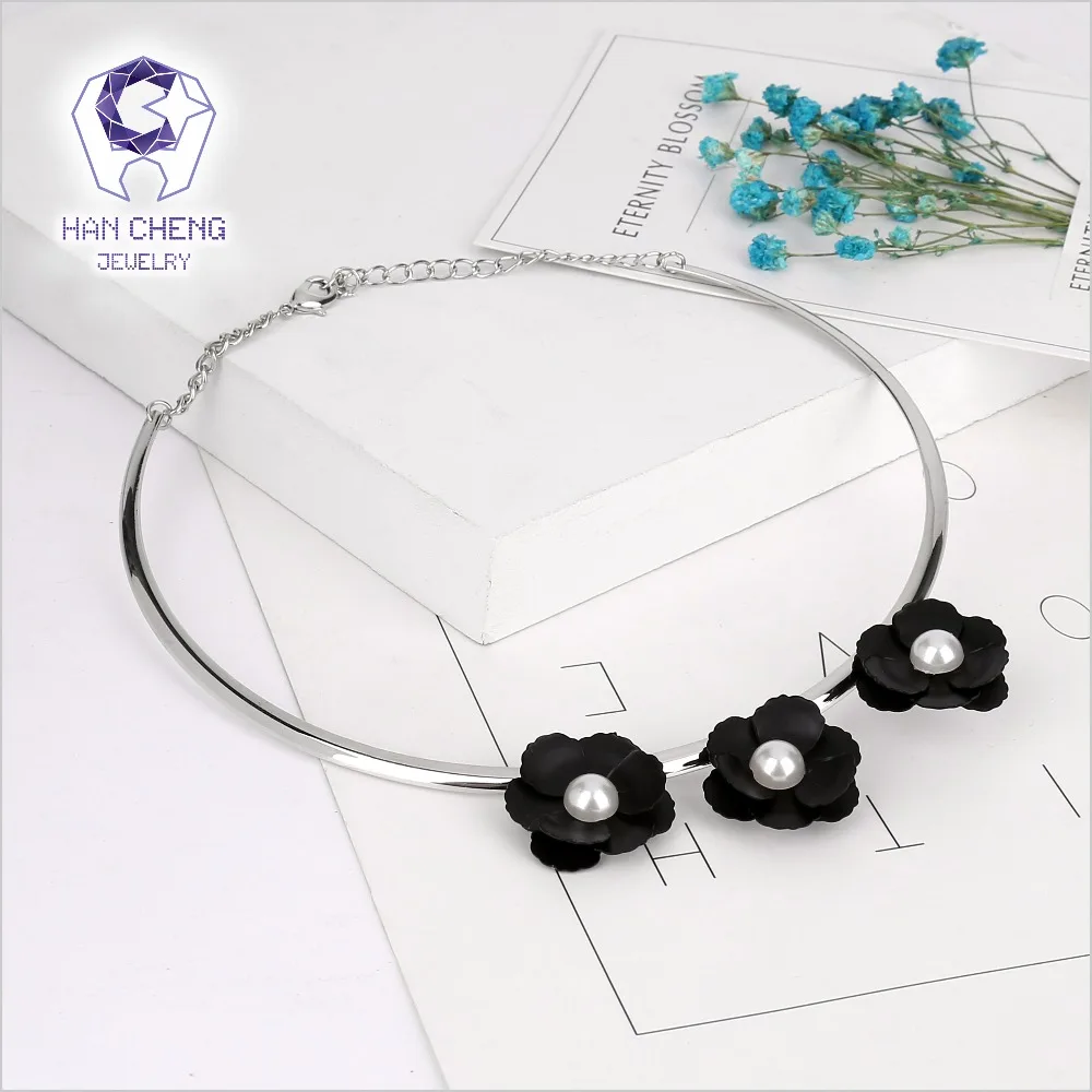 HanCheng, новая мода, серебряная цепочка из нержавеющей стали, 3D черный цветок, Жемчужное Колье, Женское Ожерелье, s бижутерия ошейник украшение