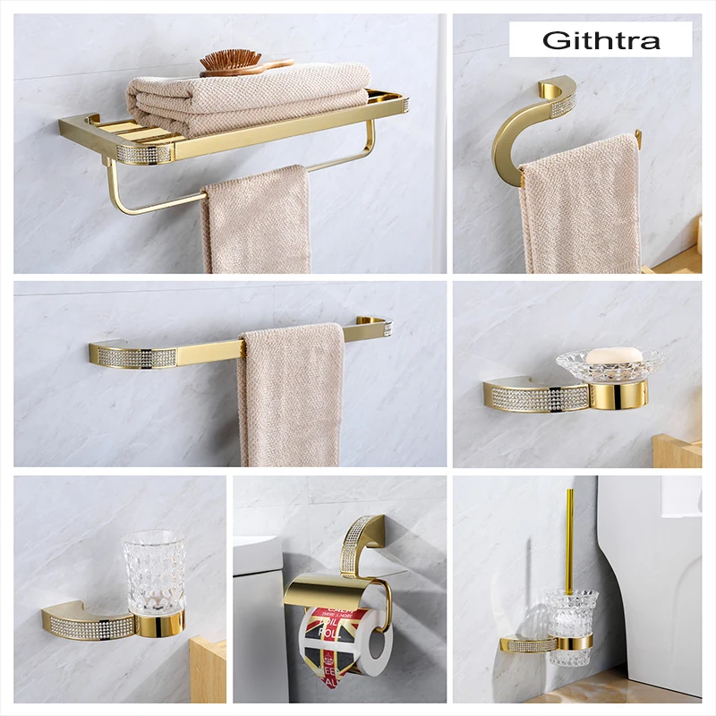 European Luxury Crystal Gold Bathroom Accessories Set Bath Hardware Set Gold Soap Dish Wall Mounted Towel Paper Holder