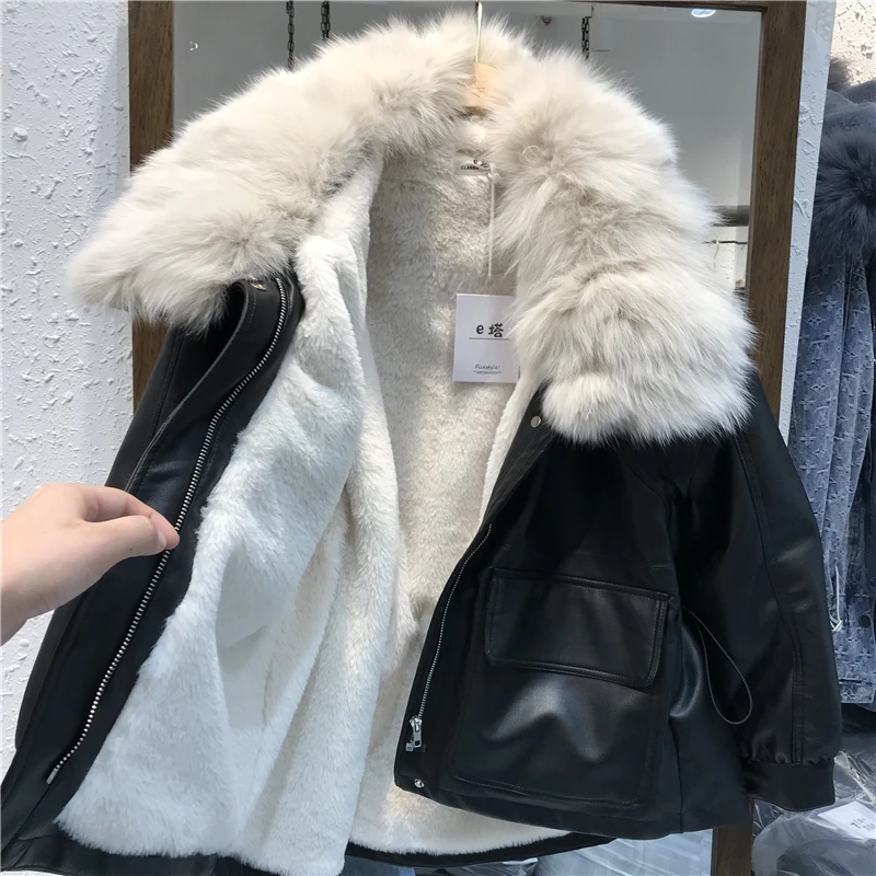 Зимняя кожаная куртка, Воротник из натурального Лисьего меха+ искусственный мех кролика Рекс, куртка из искусственной кожи на флисовой подкладке, свободное женское кожаное пальто